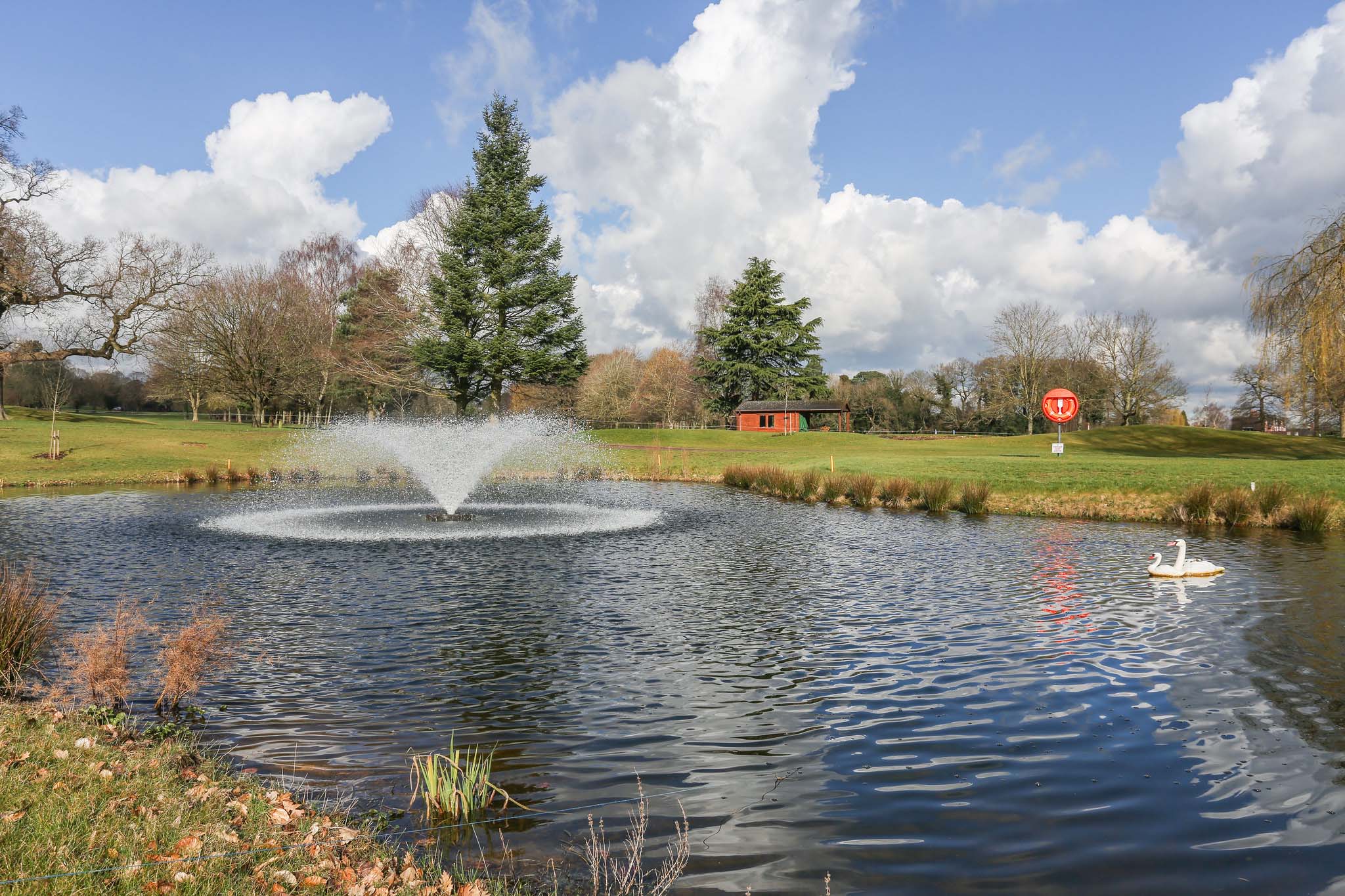 An Otterbine aerating fountain in a pond with two swans in it.